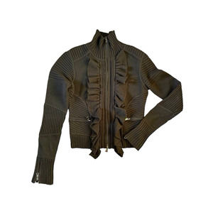 DVF Diane Von Furstenberg XS Wool Mock Neck Cardigan Sweater Black Zip Ruffle